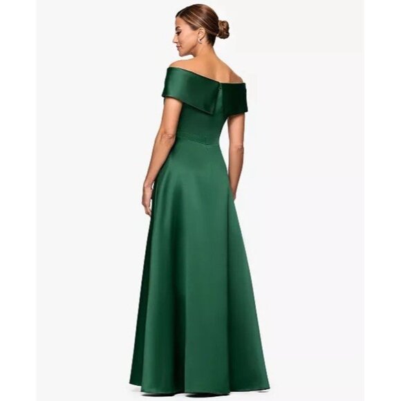 Xscape Size 6 Green Off the Shoulder Satin Front Slit Formal Gown Cocktail Dress - Picture 4 of 13